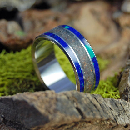 Chebeague Island Maine | Men's Sand, Azurite, Malachite & Titanium Wedding Ring - Minter and Richter Designs