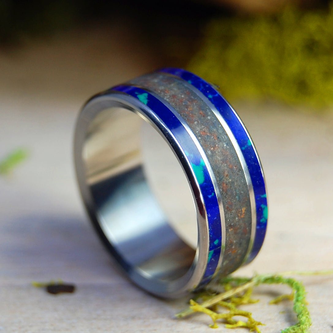 Chebeague Island Maine | Men's Sand, Azurite, Malachite & Titanium Wedding Ring - Minter and Richter Designs