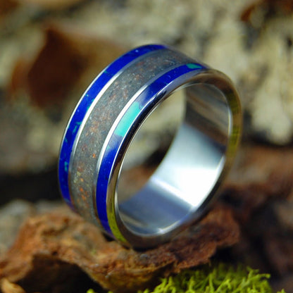 Chebeague Island Maine | Men's Sand, Azurite, Malachite & Titanium Wedding Ring - Minter and Richter Designs