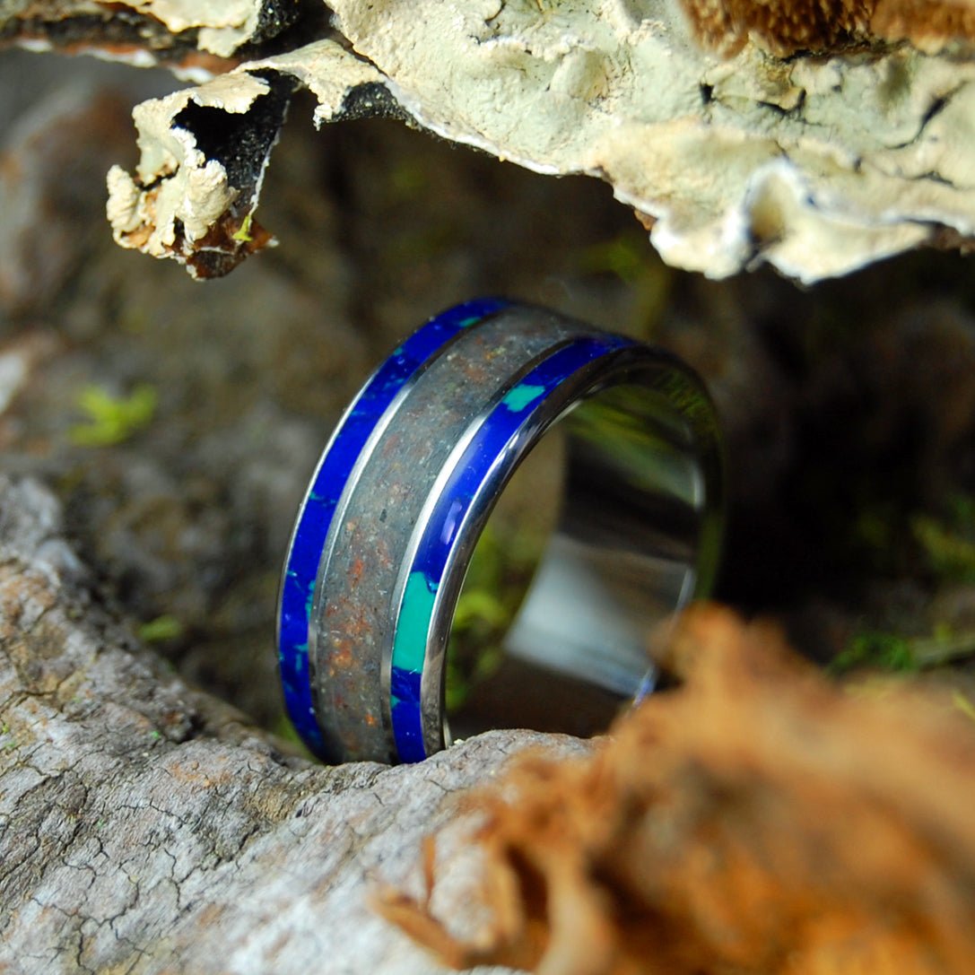 Chebeague Island Maine | Men's Sand, Azurite, Malachite & Titanium Wedding Ring - Minter and Richter Designs