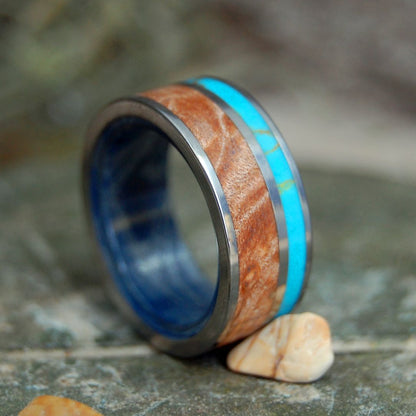 Clarity | Men's Mokume Gane, Maple, Tibetan Turquoise & Titanium Wedding Ring - Minter and Richter Designs