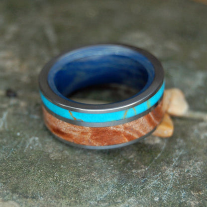 Clarity | Men's Mokume Gane, Maple, Tibetan Turquoise & Titanium Wedding Ring - Minter and Richter Designs