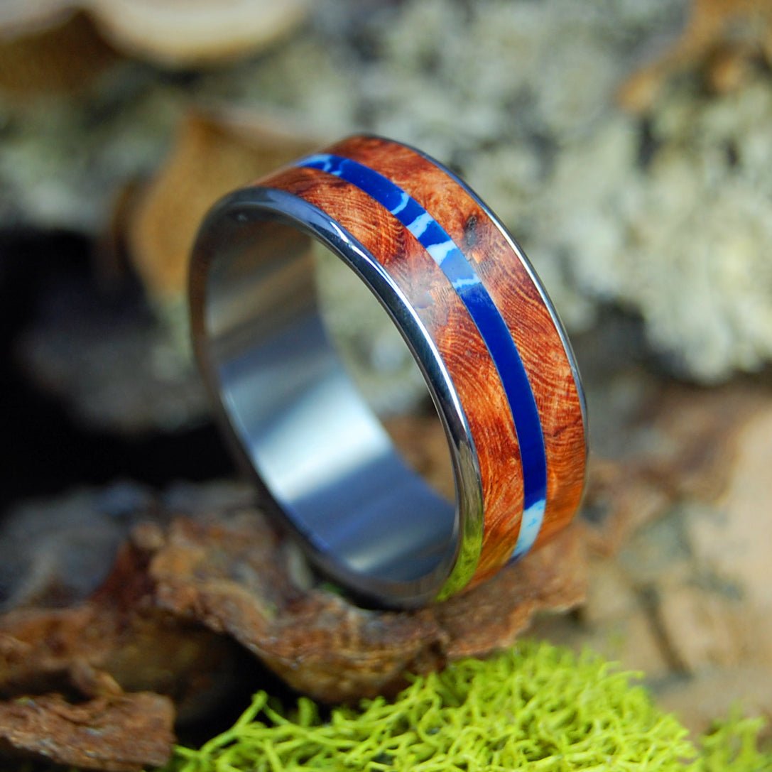 Cobalt Fault Line | Men's Amboyna Wood, Cobalt Stone & Titanium Wedding Ring - Minter and Richter Designs