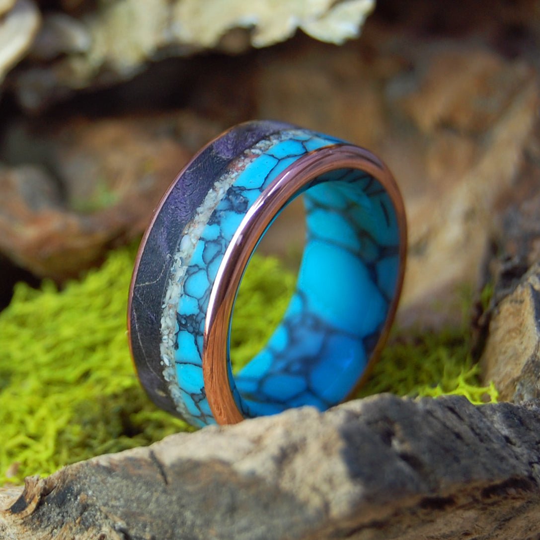 Colors Of Okinawa Ii | Men's Turquoise, Pink Okinawa Beach Sand, Wood & Copper Wedding Ring - Minter and Richter Designs