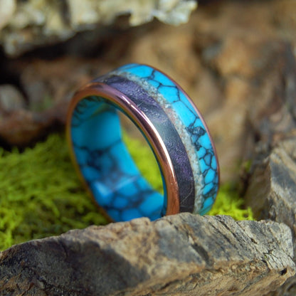 Colors Of Okinawa Ii | Men's Turquoise, Pink Okinawa Beach Sand, Wood & Copper Wedding Ring - Minter and Richter Designs