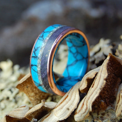 Colors Of Okinawa Ii | Men's Turquoise, Pink Okinawa Beach Sand, Wood & Copper Wedding Ring - Minter and Richter Designs