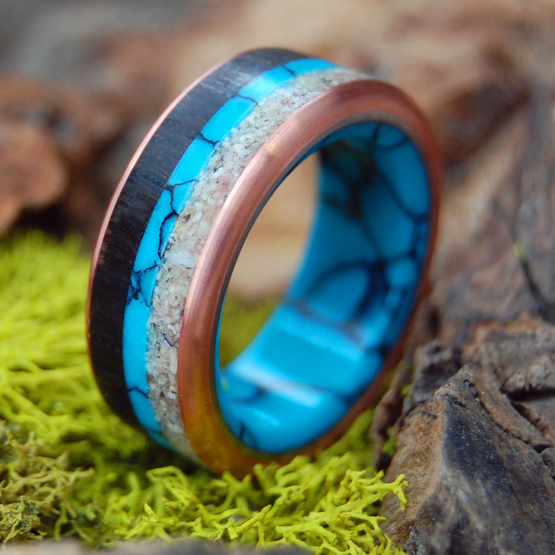 Colors Of Okinawa | Men's Turquoise, Okinawa Beach Sand, Bog Oak & Copper Wedding Ring - Minter and Richter Designs