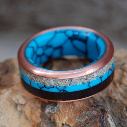 Colors Of Okinawa | Men's Turquoise, Okinawa Beach Sand, Bog Oak & Copper Wedding Ring - Minter and Richter Designs