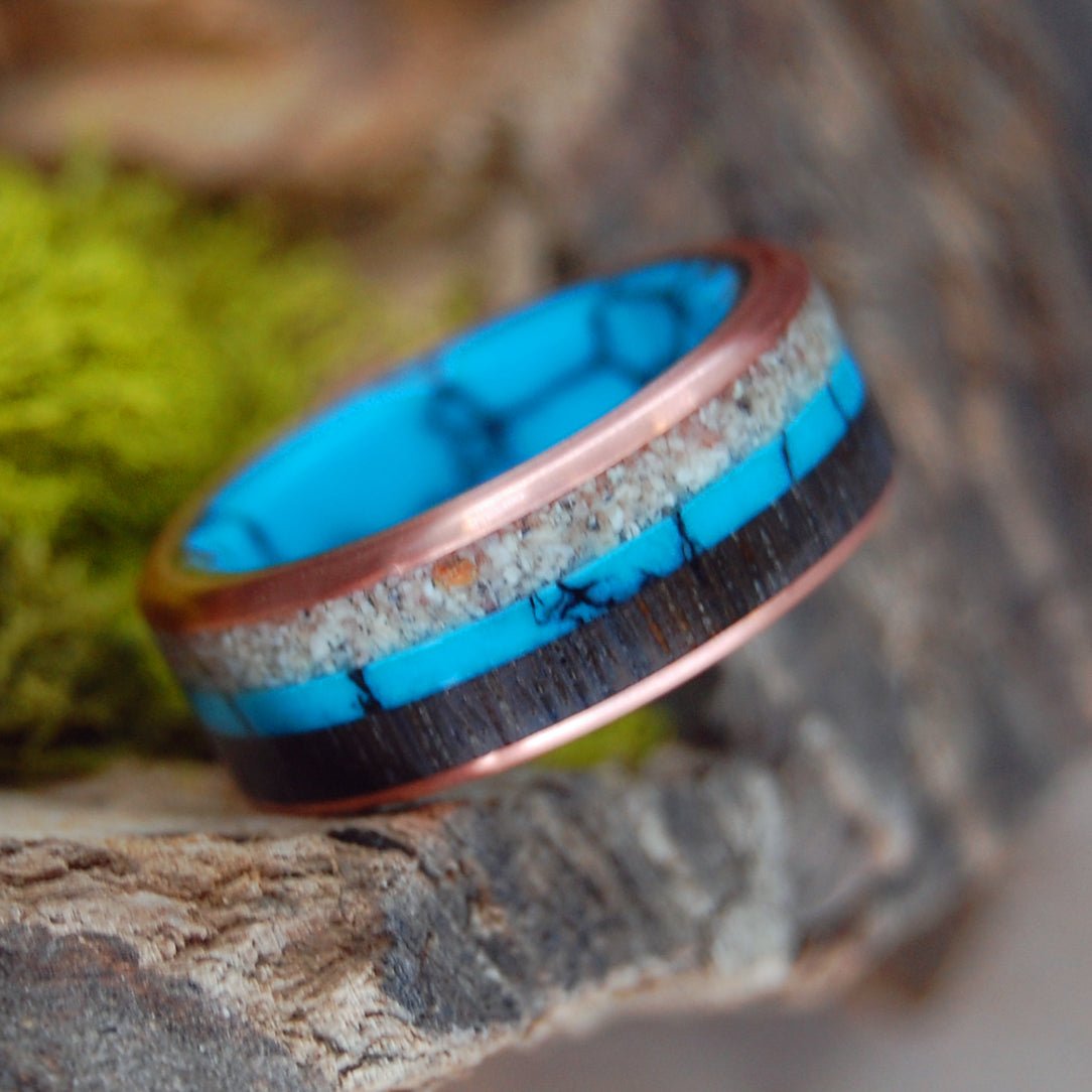 Colors Of Okinawa | Men's Turquoise, Okinawa Beach Sand, Bog Oak & Copper Wedding Ring - Minter and Richter Designs