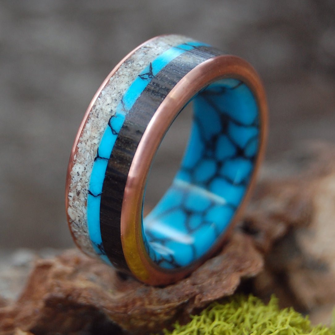 Colors Of Okinawa | Men's Turquoise, Okinawa Beach Sand, Bog Oak & Copper Wedding Ring - Minter and Richter Designs