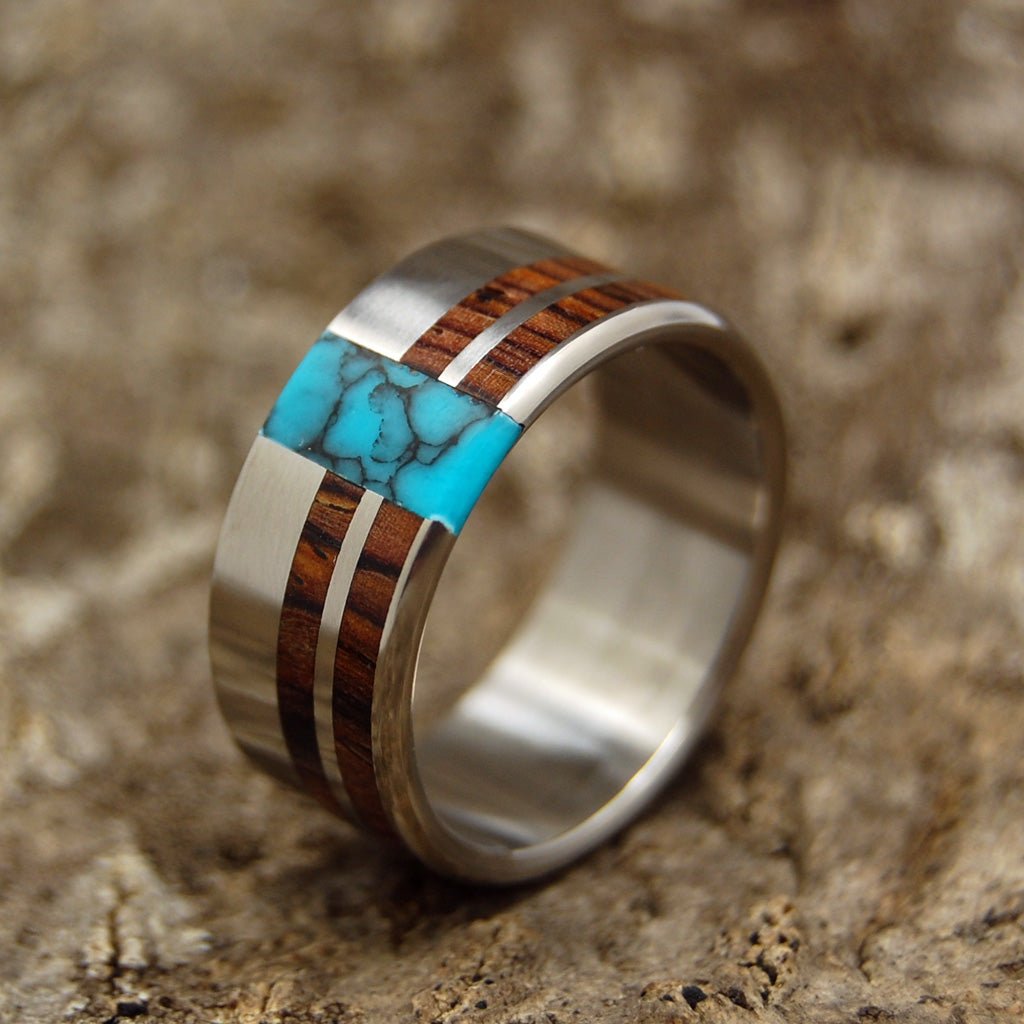 Comet & Constellation | Men's Cocobolo Wood, Turquoise & Titanium Wedding Ring - Minter and Richter Designs