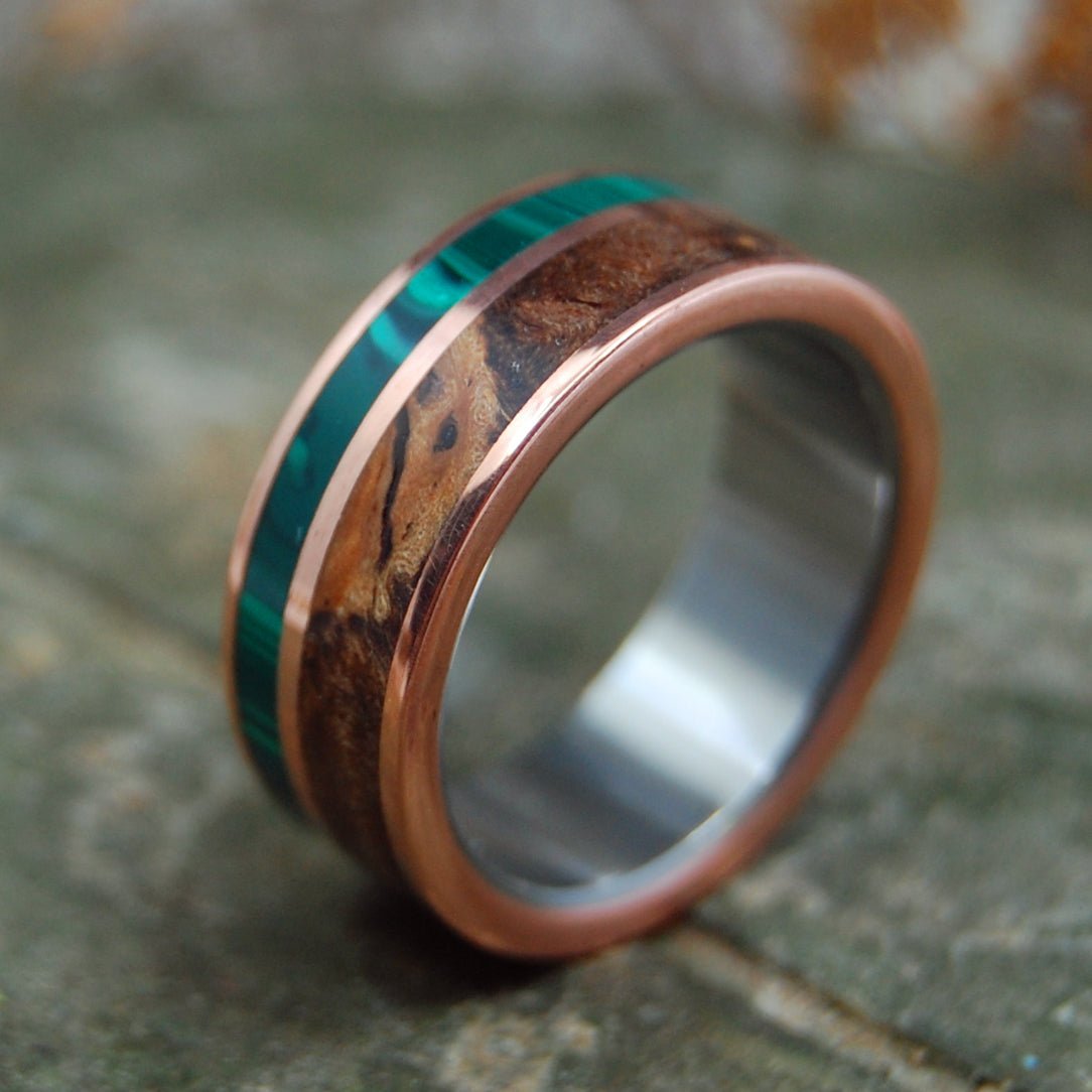 Copper Light | Men's Titanium, Spalted Maple, & Malachite Stone Wedding Ring - Minter and Richter Designs