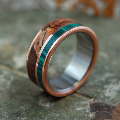 Copper Light | Men's Titanium, Spalted Maple, & Malachite Stone Wedding Ring - Minter and Richter Designs