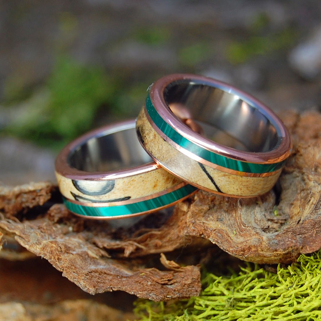 Copper Light | Spalted Maple & Malachite Stone - Titanium Wedding Ring Set - Minter and Richter Designs