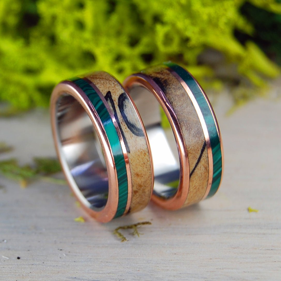 Copper Light | Spalted Maple & Malachite Stone - Titanium Wedding Ring Set - Minter and Richter Designs