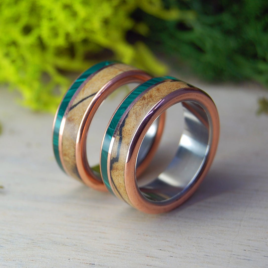 Copper Light | Spalted Maple & Malachite Stone - Titanium Wedding Ring Set - Minter and Richter Designs