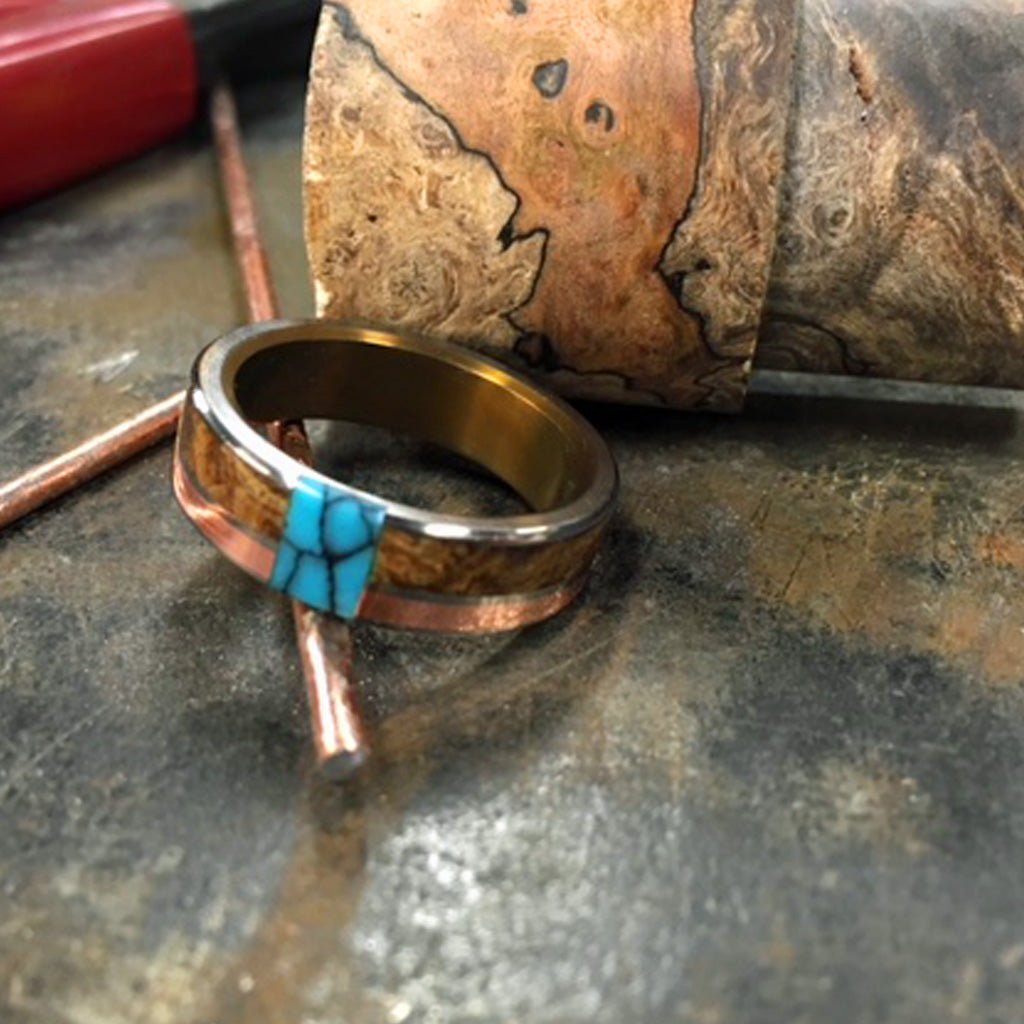 Copper Maple Tree | Men's Maple Wood, Turquoise, Copper & Titanium Wedding Ring - Minter and Richter Designs