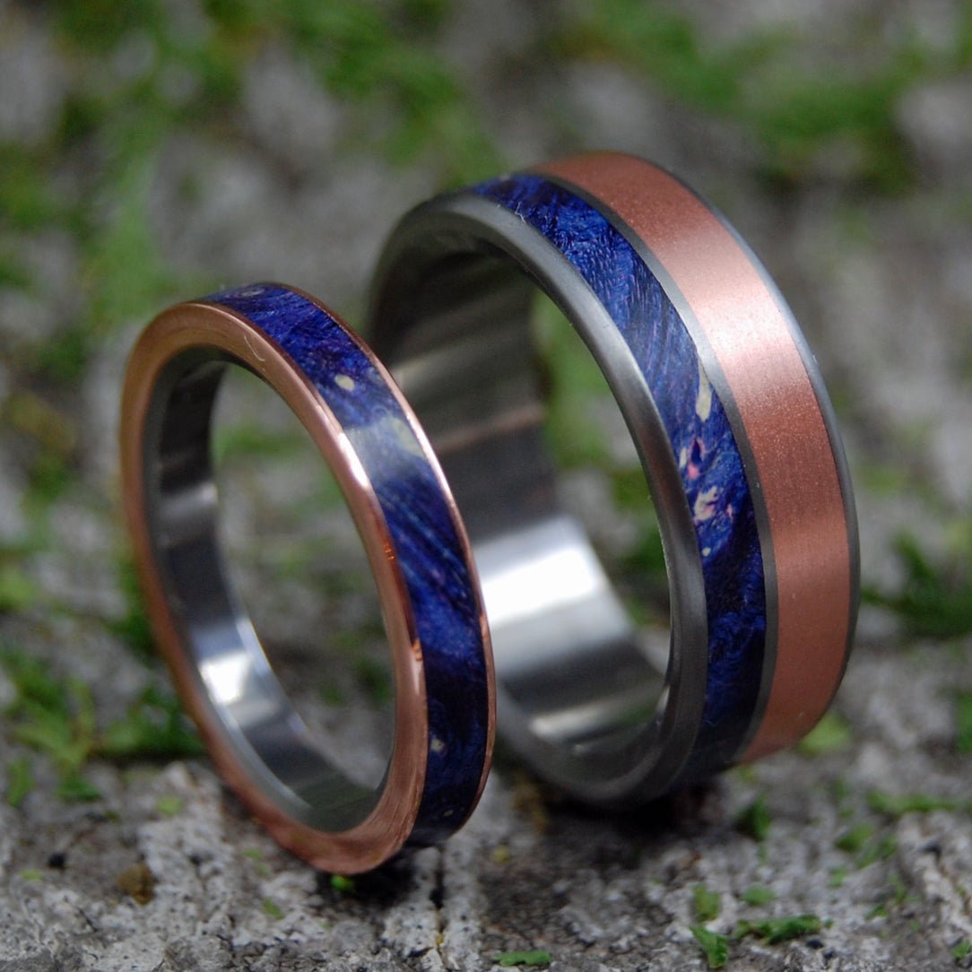 Copper Sea To Shore | Copper & Blue Box Elder - Titanium Wedding Ring Set - Minter and Richter Designs