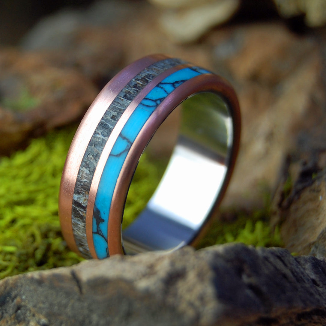 COPPER MOOSE - Copper, Turquoise and Moose Antler - Titanium Wedding Ring - Unique wedding Rings - Minter and Richter Designs