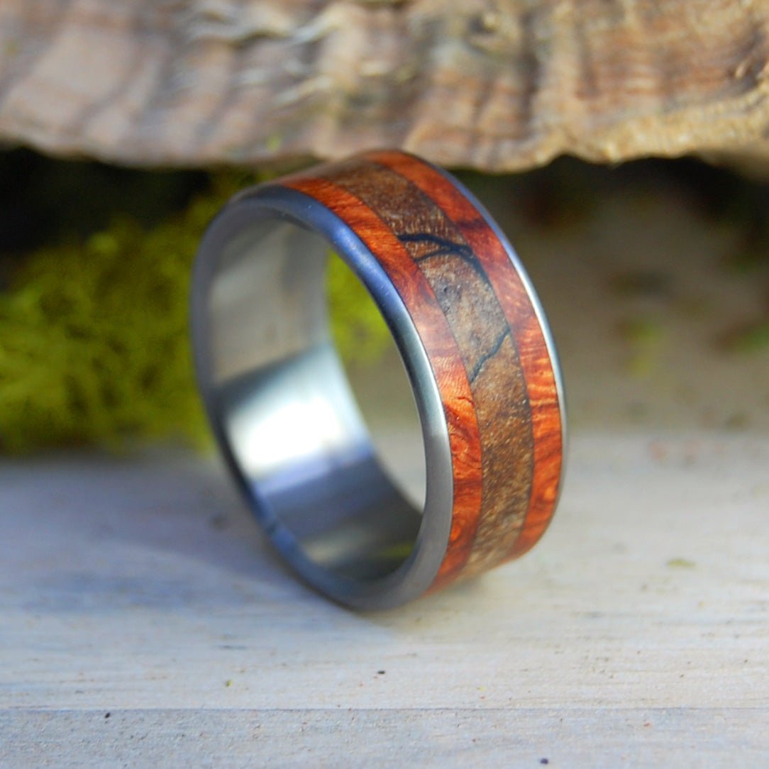 Corner Of His Heart | Men's Spalted Maple, Amboyna Burl & Titanium Wedding Ring - Minter and Richter Designs