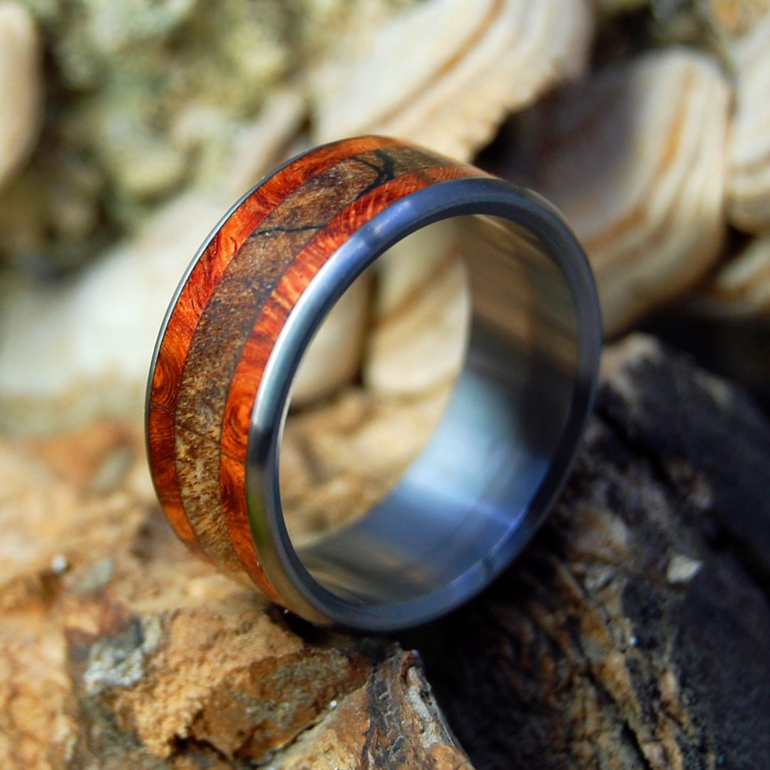 Corner Of His Heart | Men's Spalted Maple, Amboyna Burl & Titanium Wedding Ring - Minter and Richter Designs