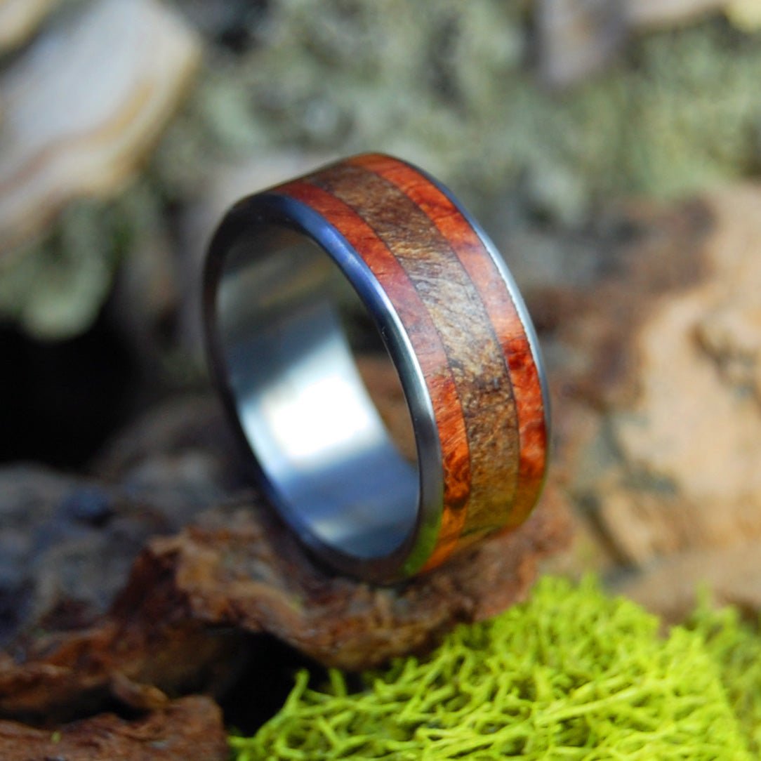 Corner Of His Heart | Men's Spalted Maple, Amboyna Burl & Titanium Wedding Ring - Minter and Richter Designs