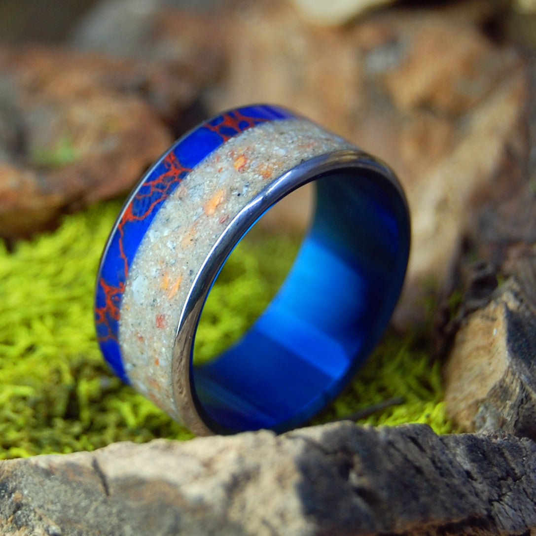 Culebrita Puerto Rico Blue | Men's Jasper Stone, Beach Sand & Titanium Wedding Ring - Minter and Richter Designs