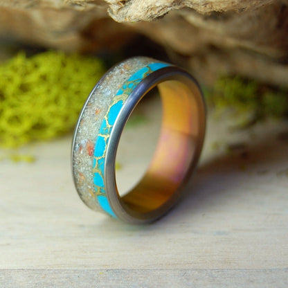 Culebrita Puerto Rico Sunset | Men's Tibetan Turquoise, Beach Sand & Titanium Wedding Ring - Minter and Richter Designs