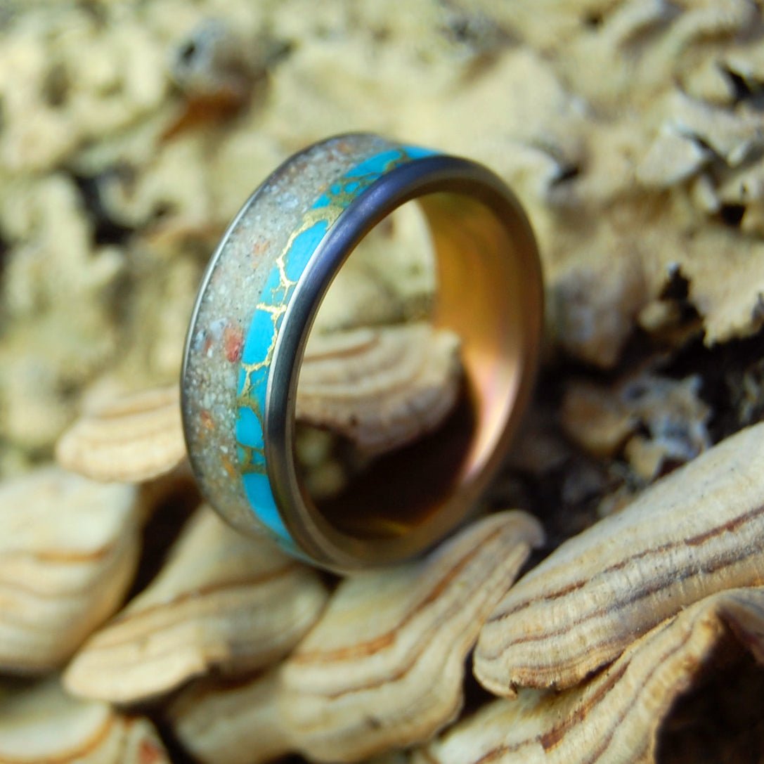 Culebrita Puerto Rico Sunset | Men's Tibetan Turquoise, Beach Sand & Titanium Wedding Ring - Minter and Richter Designs