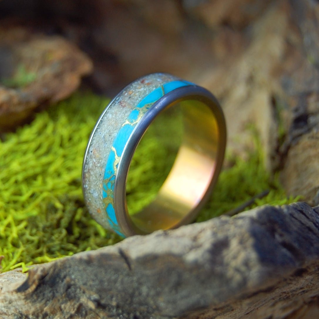 Culebrita Puerto Rico Sunset | Men's Tibetan Turquoise, Beach Sand & Titanium Wedding Ring - Minter and Richter Designs