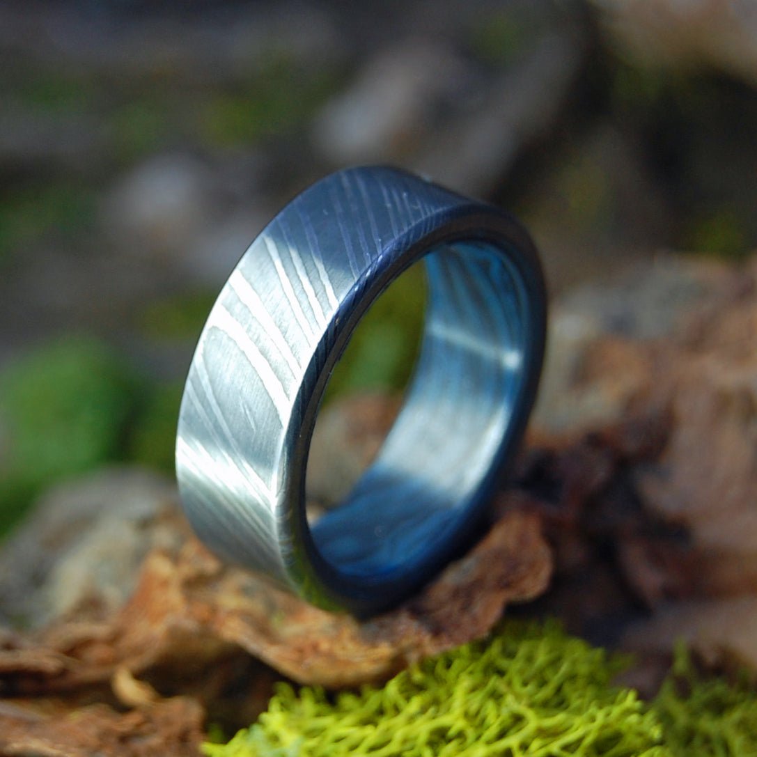 Damascus Black Blue | Men's Damascus Steel, Damasteel & Blue Black M3 Wedding Ring - Minter and Richter Designs