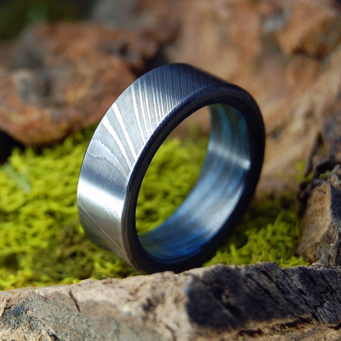 Damascus Black Blue | Men's Damascus Steel, Damasteel & Blue Black M3 Wedding Ring - Minter and Richter Designs