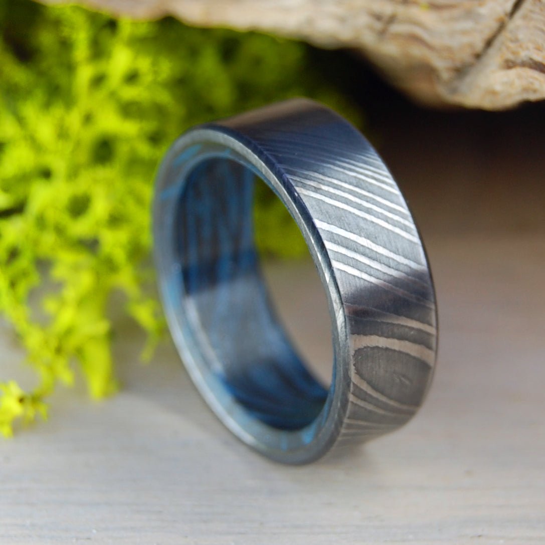 Damascus Black Blue | Men's Damascus Steel, Damasteel & Blue Black M3 Wedding Ring - Minter and Richter Designs