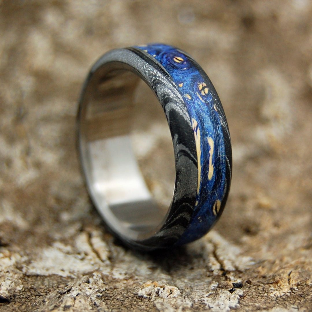 Dark Greek God | Men's Blue Wood, Black Silver & Titanium Wedding Ring - Minter and Richter Designs