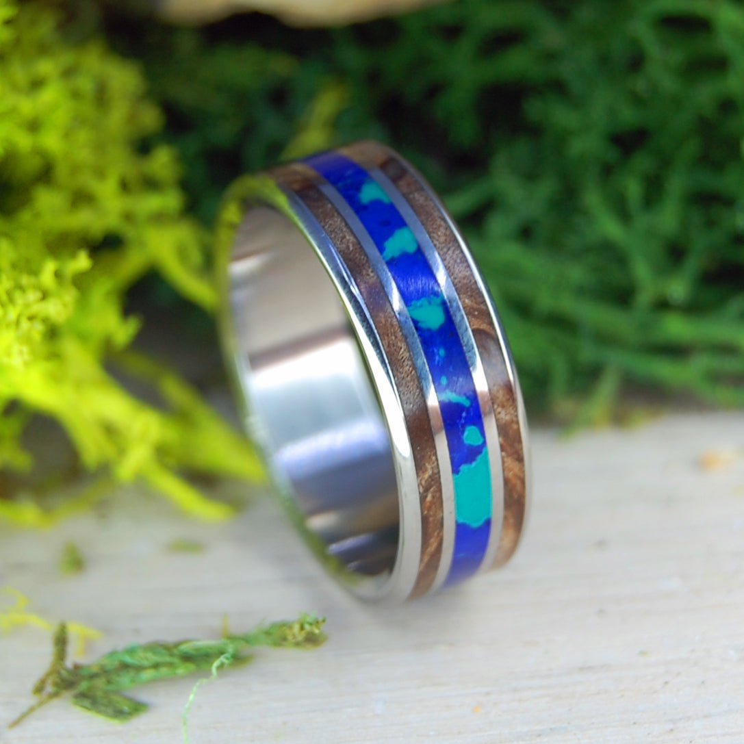 Dark Maple Galaxy Centered | Men's Dark Maple Wood, Azurite, Malachite & Titanium Wedding Ring - Minter and Richter Designs