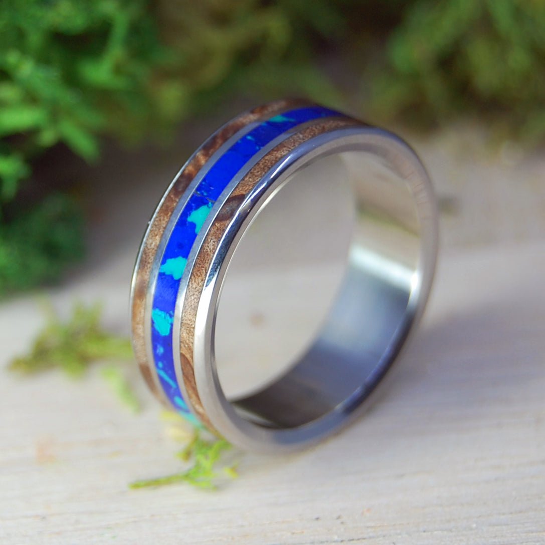 Dark Maple Galaxy Centered | Men's Dark Maple Wood, Azurite, Malachite & Titanium Wedding Ring - Minter and Richter Designs