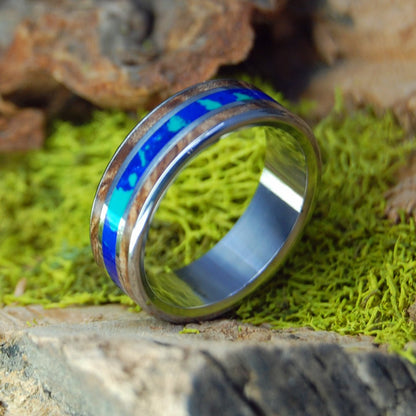 Dark Maple Galaxy Centered | Men's Dark Maple Wood, Azurite, Malachite & Titanium Wedding Ring - Minter and Richter Designs