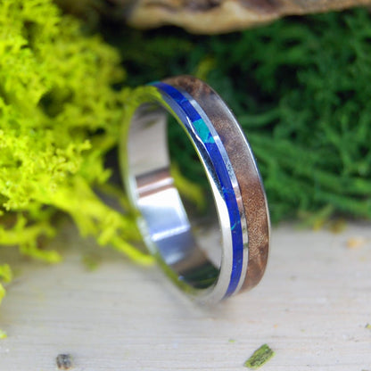 Dark Maple Galaxy Offset | Men's Dark Maple Wood, Azurite Malachite Stone & Inox Steel Wedding Ring - Minter and Richter Designs