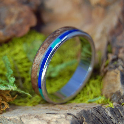 Dark Maple Galaxy Offset | Men's Dark Maple Wood, Azurite Malachite Stone & Inox Steel Wedding Ring - Minter and Richter Designs