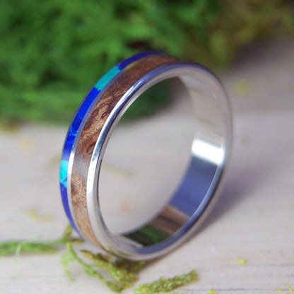 Dark Maple Galaxy Offset | Men's Dark Maple Wood, Azurite Malachite Stone & Inox Steel Wedding Ring - Minter and Richter Designs