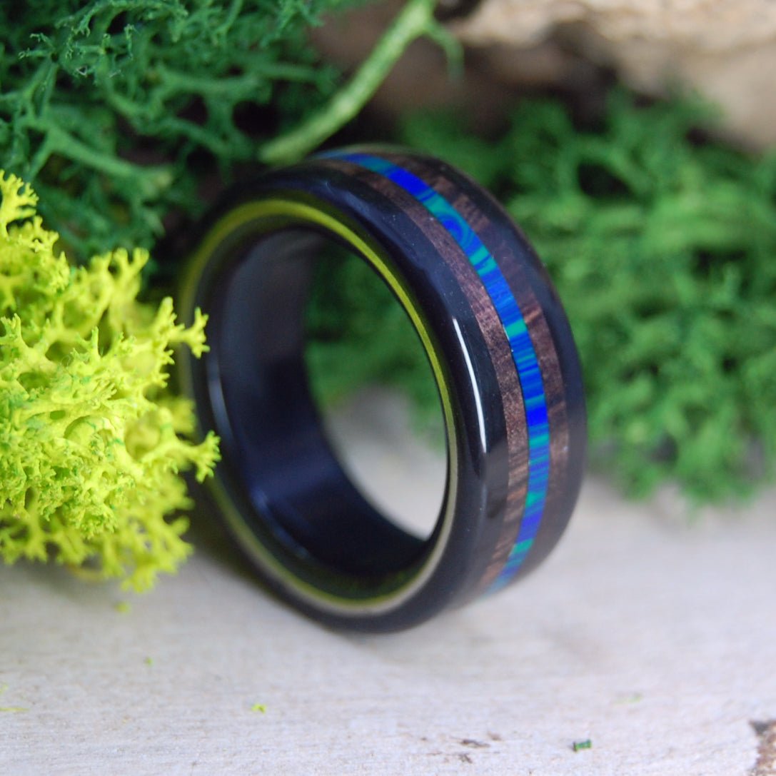 Dark Sea | Men's Onyx, Azurite, Cocobolo Wood & Titanium Wedding Ring - Minter and Richter Designs