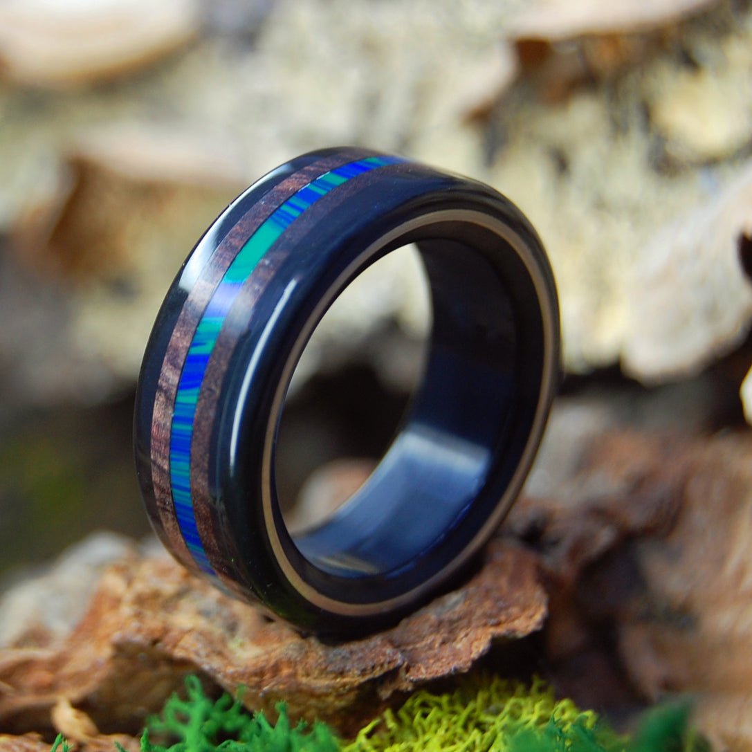 Dark Sea | Men's Onyx, Azurite, Cocobolo Wood & Titanium Wedding Ring - Minter and Richter Designs