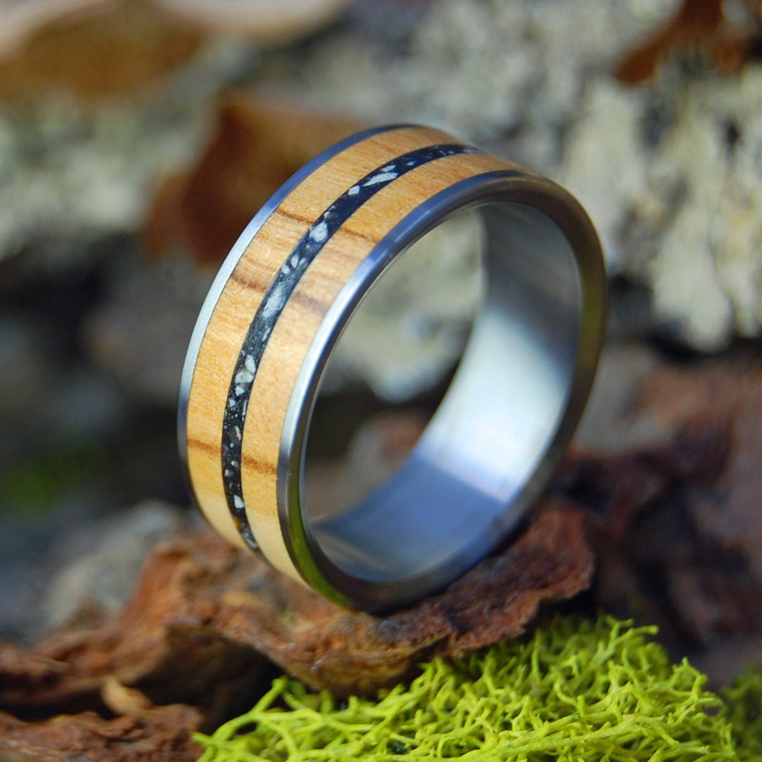 David & Goliath In The Valley Of Elah | Men's Olive Wood, Stones from Valley of Elah & Titanium Wedding Ring - Minter and Richter Designs