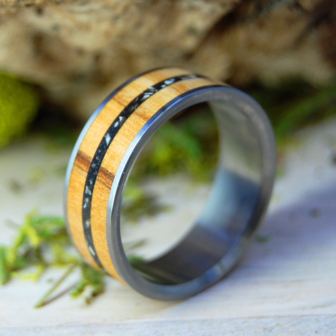 David & Goliath In The Valley Of Elah | Men's Olive Wood, Stones from Valley of Elah & Titanium Wedding Ring - Minter and Richter Designs