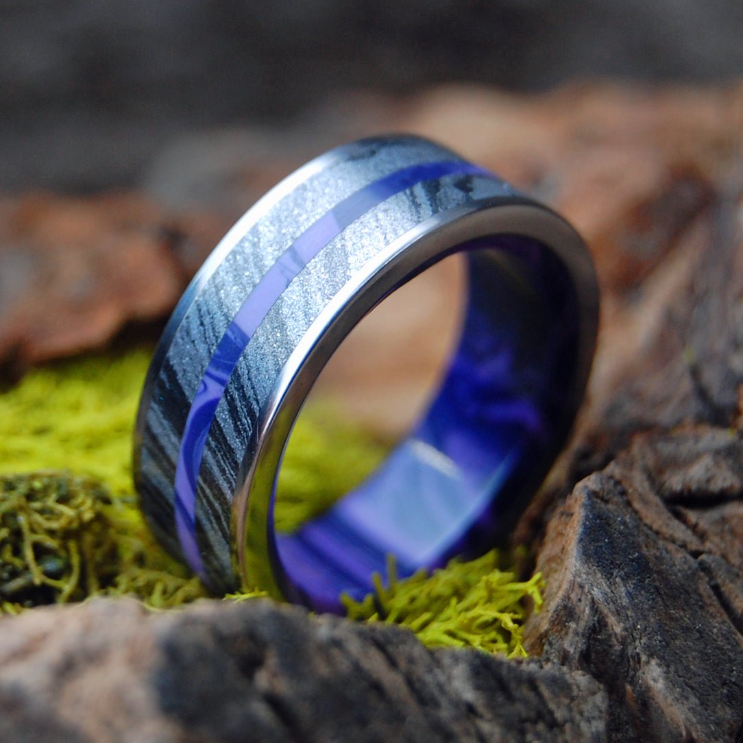 Deep Purple Fjord | Men's Charoite Stone, Black Silver Mokume Gane & Titanium Wedding Ring - Minter and Richter Designs