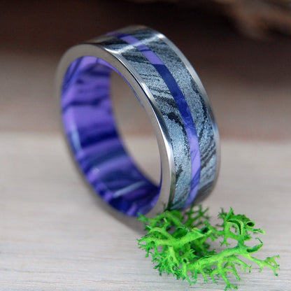 Deep Purple Fjord | Men's Charoite Stone, Black Silver Mokume Gane & Titanium Wedding Ring - Minter and Richter Designs