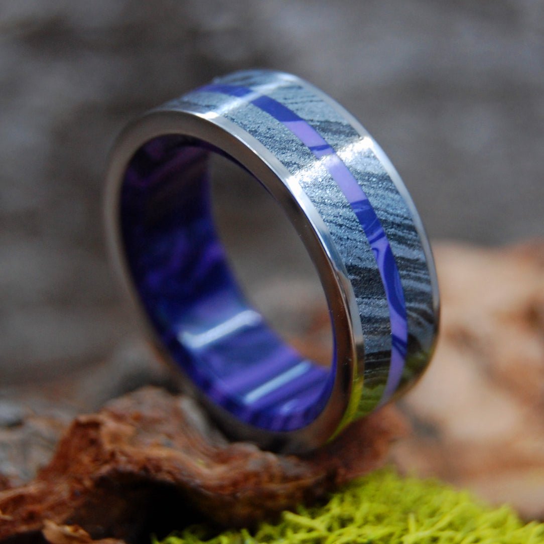 Deep Purple Fjord | Men's Charoite Stone, Black Silver Mokume Gane & Titanium Wedding Ring - Minter and Richter Designs