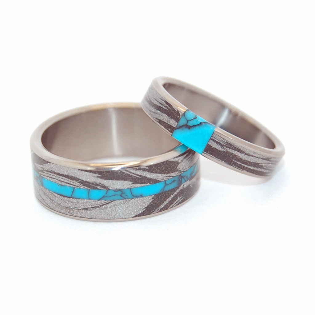 Desirous & Desire's Whirlwind | Turquoise & Black Silver M3 Mokume Gane Titanium Wedding Ring - Minter and Richter Designs