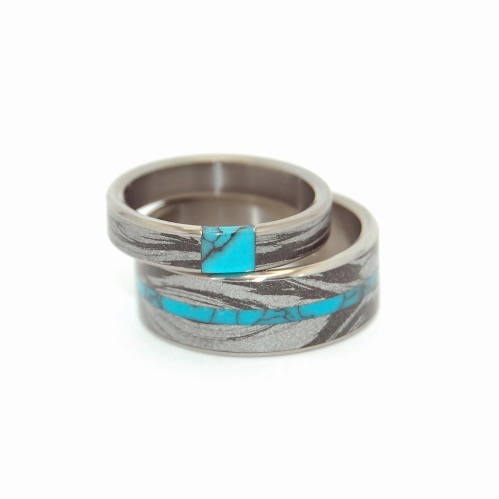 Desirous & Desire's Whirlwind | Turquoise & Black Silver M3 Mokume Gane Titanium Wedding Ring - Minter and Richter Designs