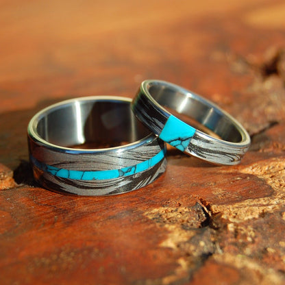 Desirous & Desire's Whirlwind | Turquoise & Black Silver M3 Mokume Gane Titanium Wedding Ring - Minter and Richter Designs